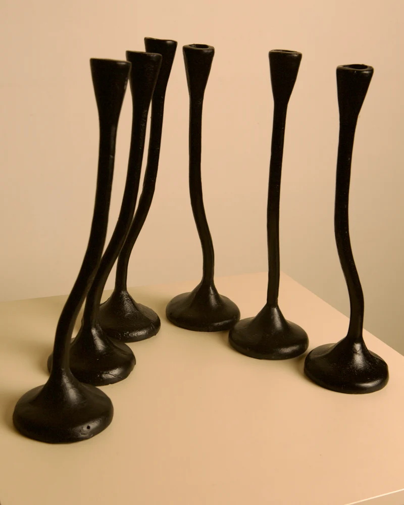 Set of 5 "Twisted" Candleholders in Black Cast Aluminum, 80s
