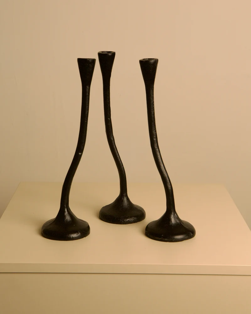 Set of 5 "Twisted" Candleholders in Black Cast Aluminum, 80s