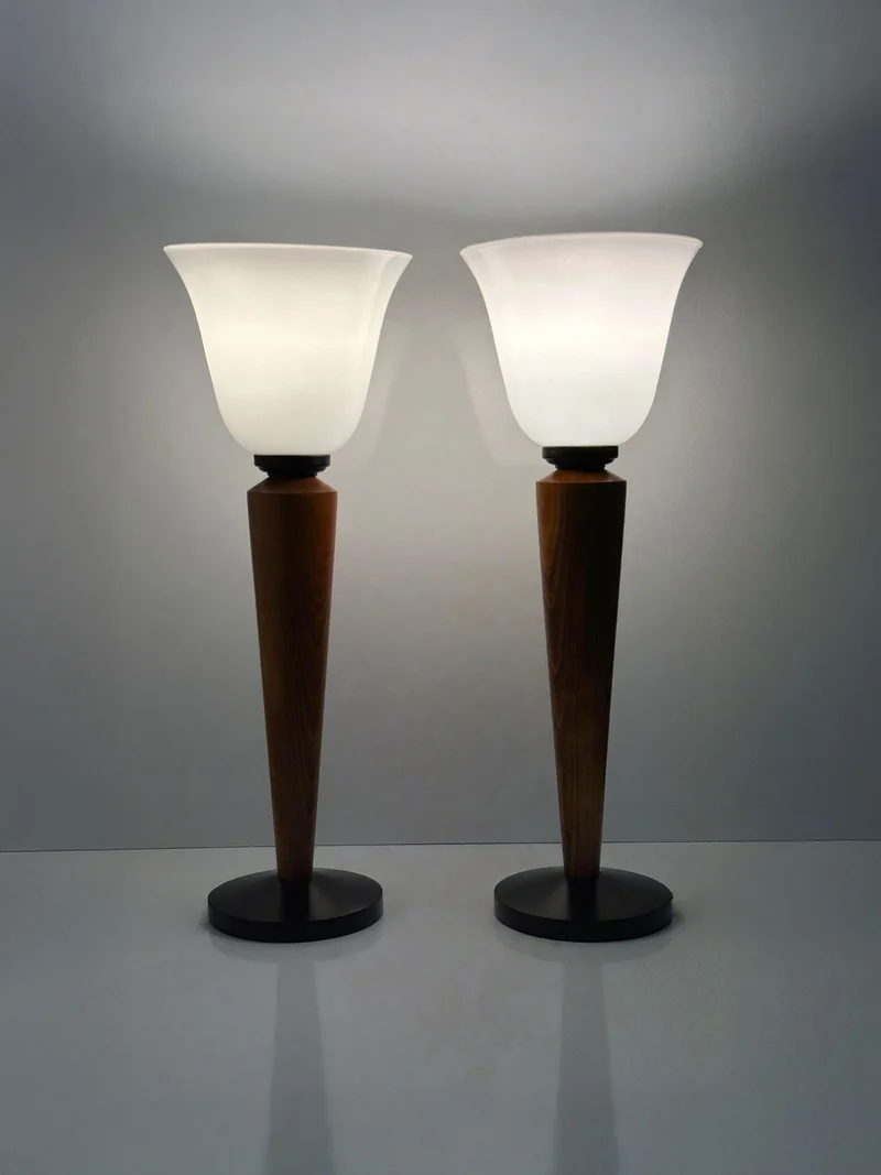 Vintage Pair of Art Deco Chalices with Teak Wood Table Lamp