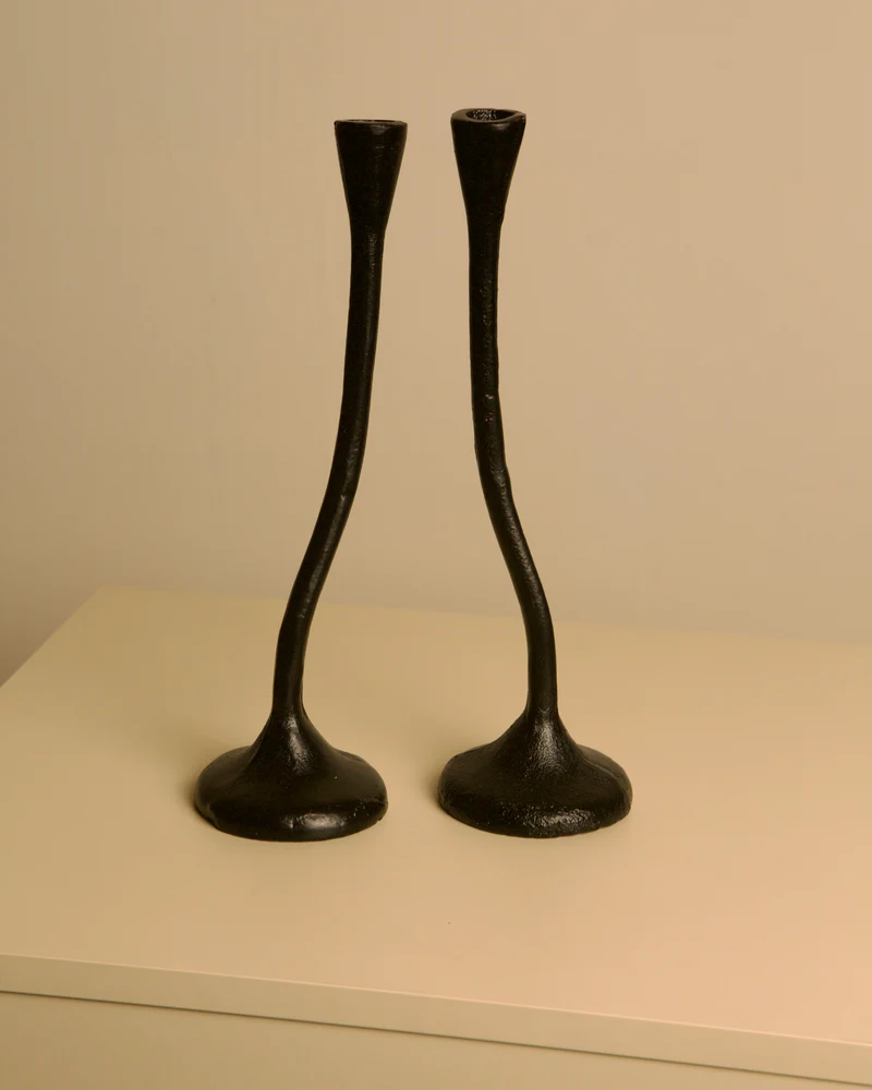 Pair of "Torsadé" Candleholders in Black Cast Aluminum from the 80s