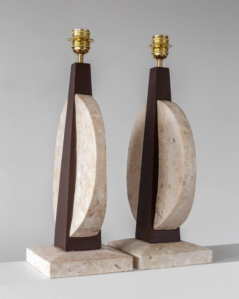 Vintage Pair of Large Travertine Table Lamps, 1970s