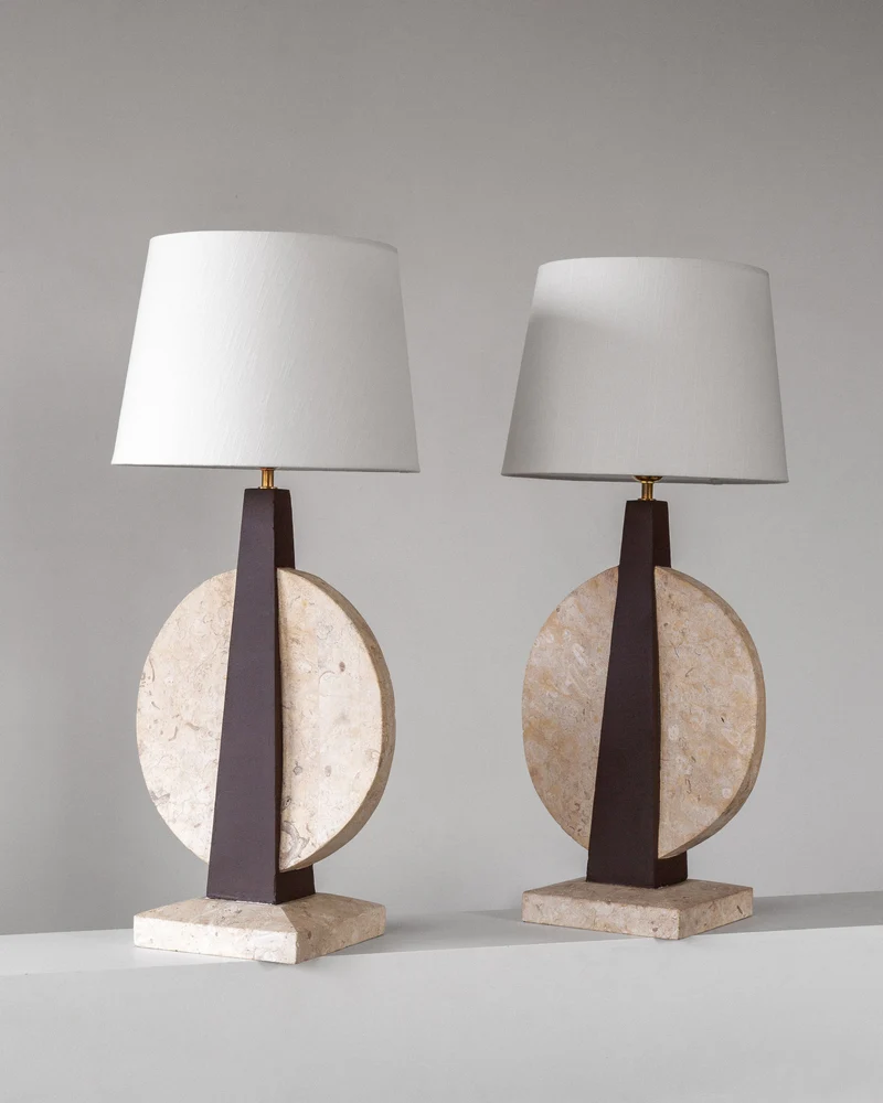 Vintage Pair of Large Travertine Table Lamps, 1970s