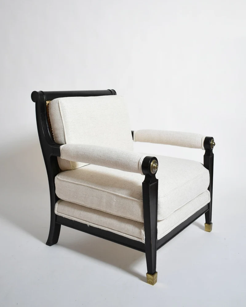 Pair of neoclassical ebonised wood and caning armchairs, 1960s