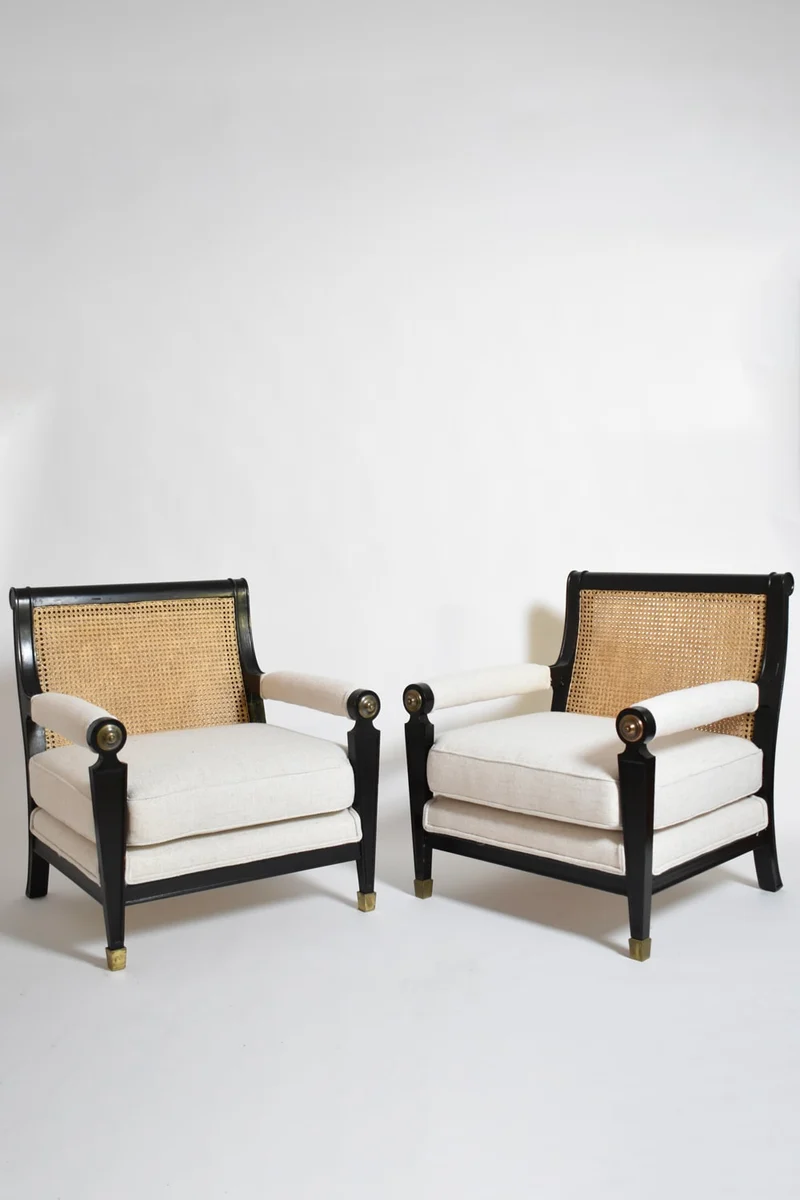 Pair of neoclassical ebonised wood and caning armchairs, 1960s