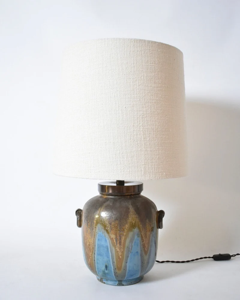 Vintage Stoneware Table Lamp with Ring-shaped Handles, 1940s