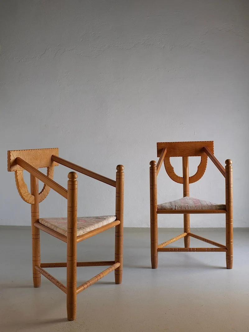 Rustic Carved Oak Corner Chair | Sweden | 1950s