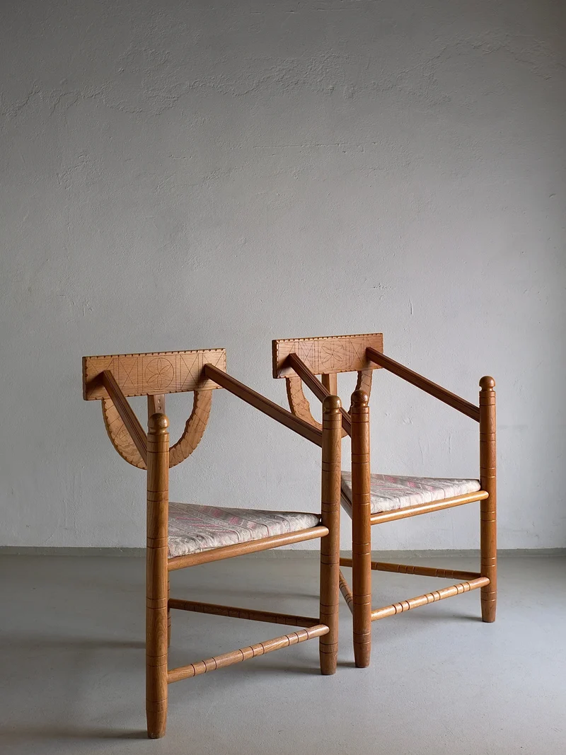 Rustic Carved Oak Corner Chair | Sweden | 1950s