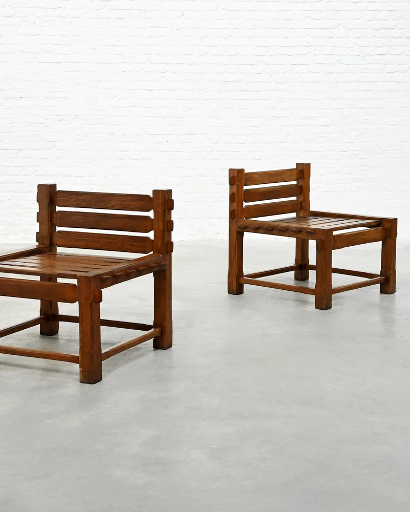 Pair of 1970s Brutalist Solid Oak Side Chairs