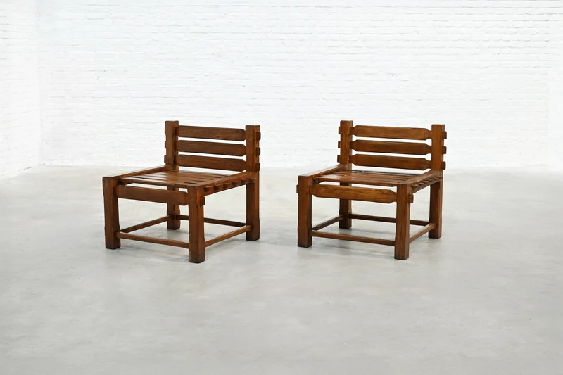 Pair of 1970s Brutalist Solid Oak Side Chairs