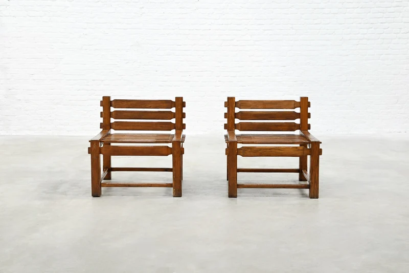 Pair of 1970s Brutalist Solid Oak Side Chairs