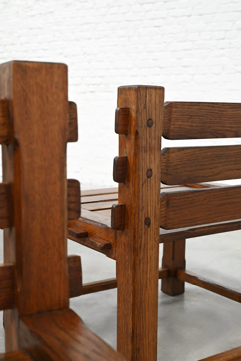Pair of 1970s Brutalist Solid Oak Side Chairs