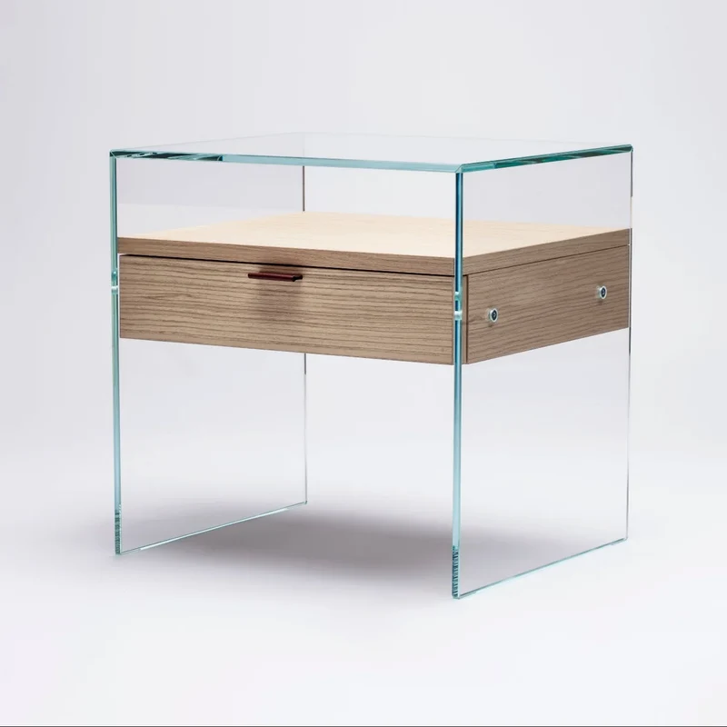 Table de Chevet Zen 5 Comodino | Verre trempé et tiroir bois