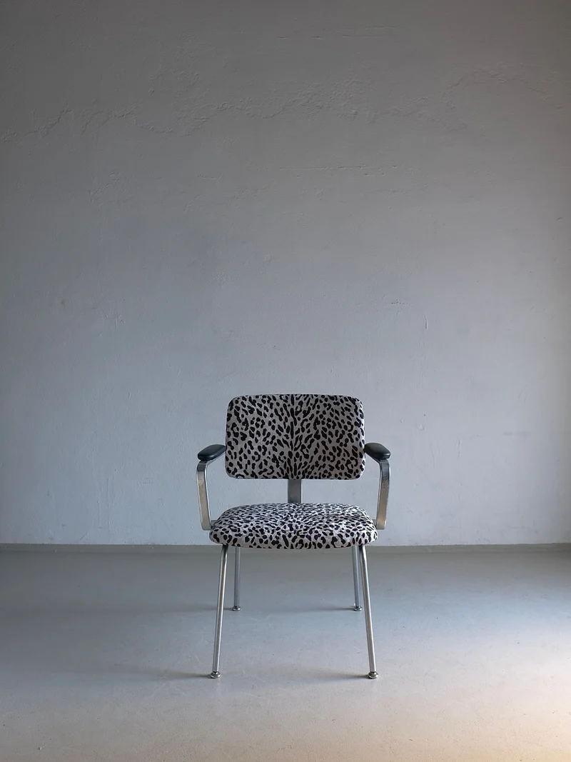 Minimalist Animal Print Chrome Desk Arm Chair | Sweden | 1960s