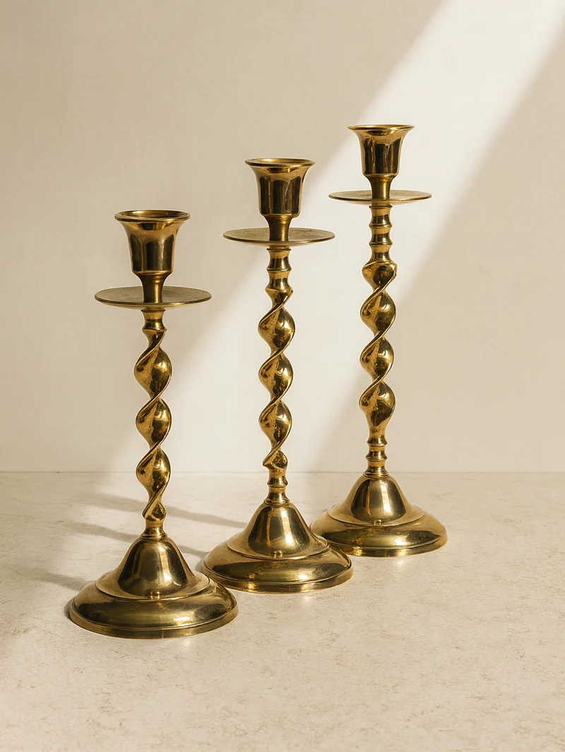 3 Candleholders Made of Polished Brass
