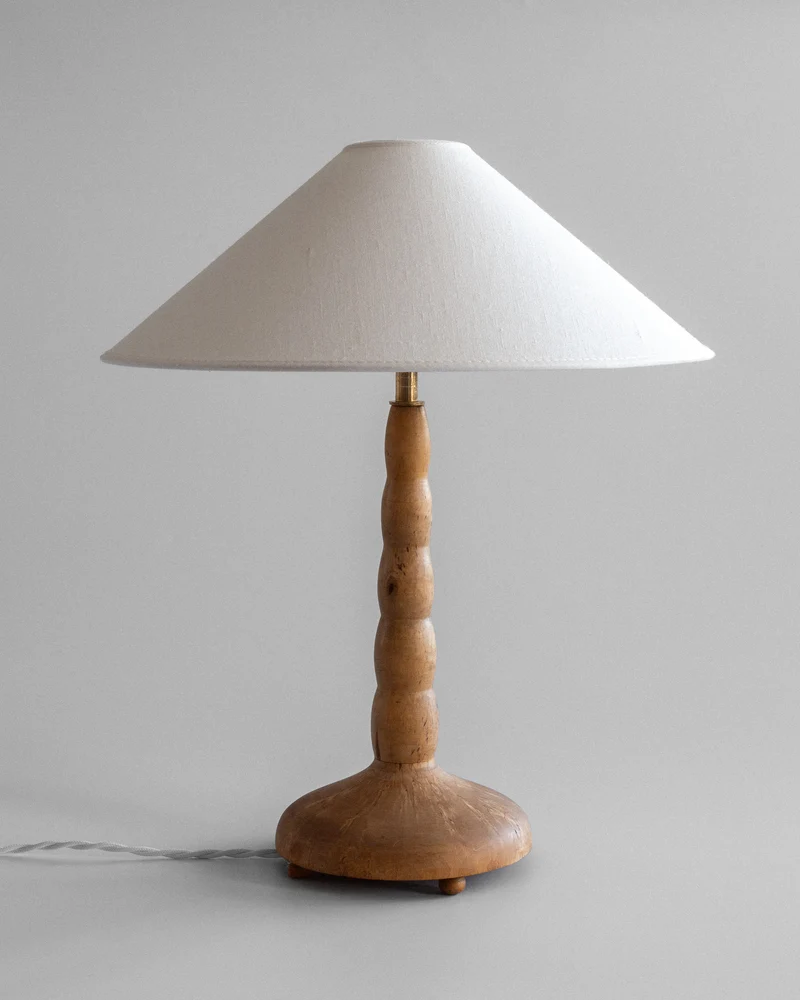 Vintage Turned Birch Brass Table Lamp, Sweden, 1930s