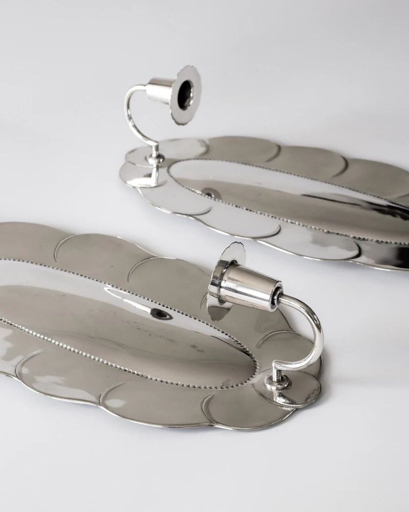 Scalloped Shell Silver Wall Candle Sconces, 1930s