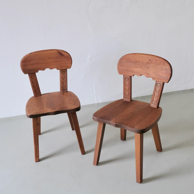 2 Rustic Carved Stained Pine Chairs | Sweden | 1940s