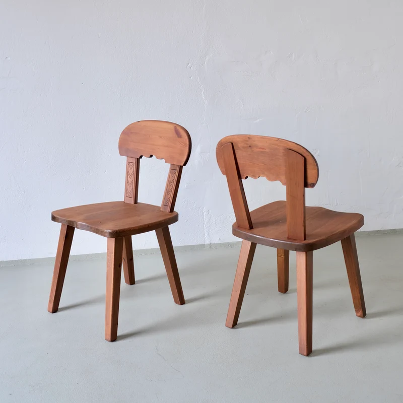 2 Rustic Carved Stained Pine Chairs | Sweden | 1940s