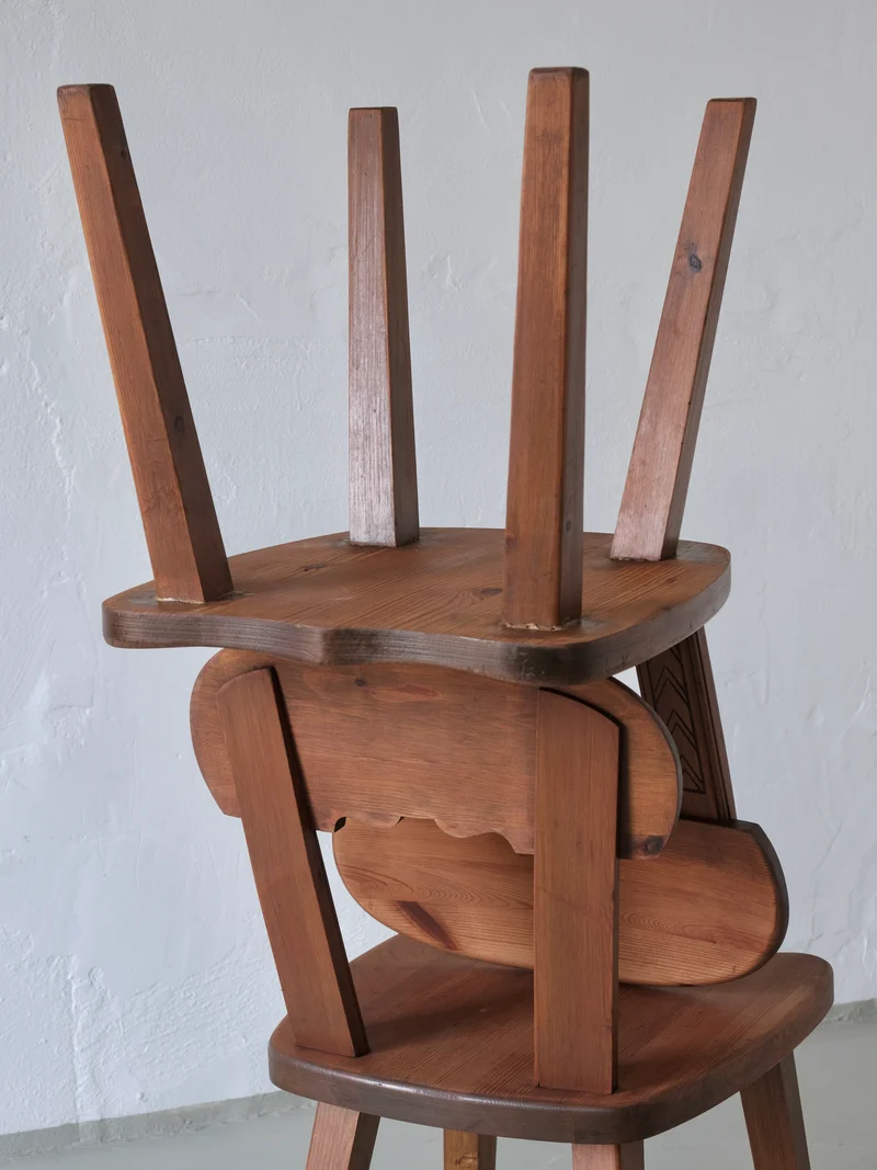 2 Rustic Carved Stained Pine Chairs | Sweden | 1940s