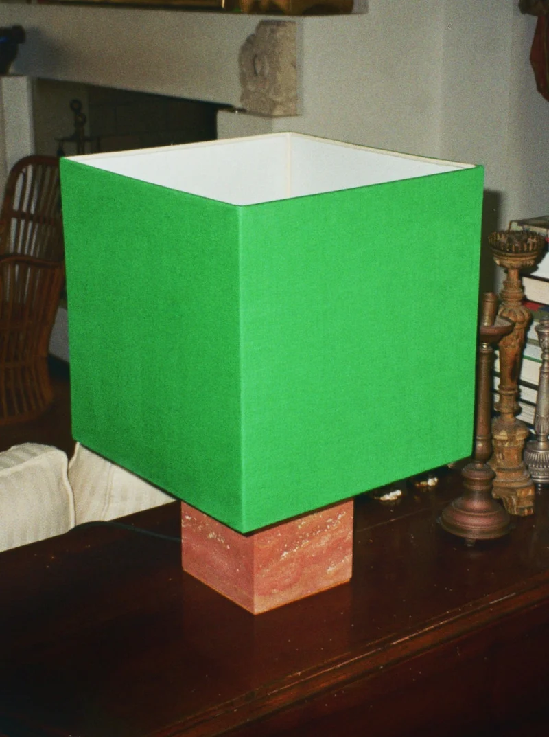 Roma I Squared Red Travertine Table Lamp, Green Linen - Limited Edition