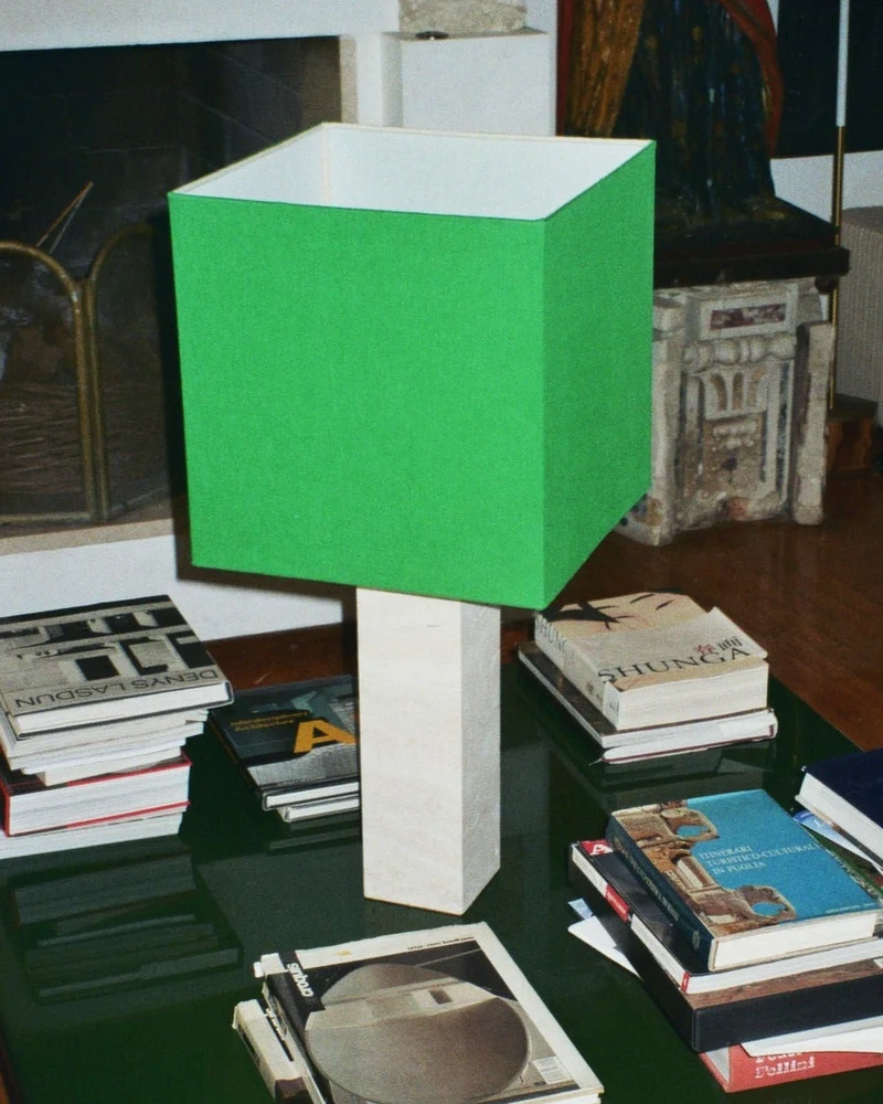 Roma I Squared White Travertine Table Lamp, Green Linen - Limited Edition