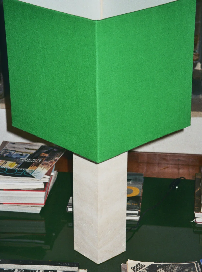 Roma I Squared White Travertine Table Lamp, Green Linen - Limited Edition