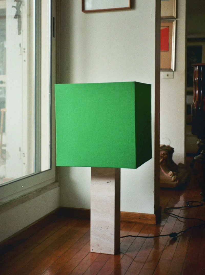 Roma I Squared White Travertine Table Lamp, Green Linen - Limited Edition