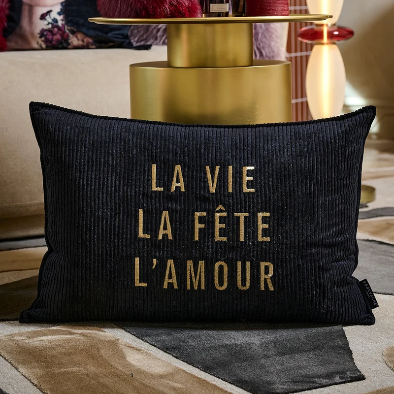 Coussin velours brodé Vie Fête Amour