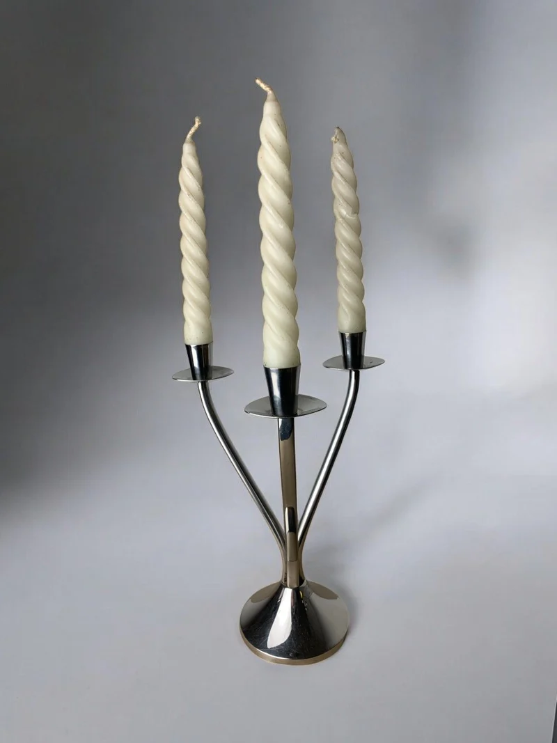 Art deco candlestick in stainless steel 3 flames, Spain, Circa 1970