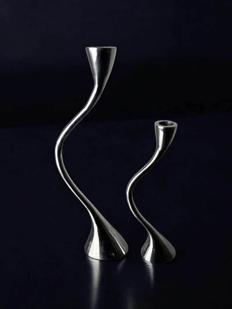 Pair of Zigzag Candleholders, Solid Aluminium, Spain, 1980s