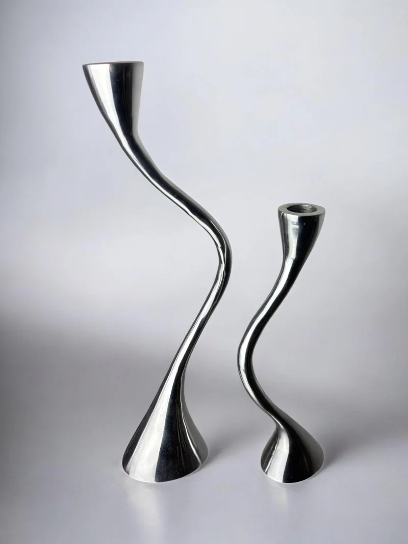 Pair of Zigzag Candleholders, Solid Aluminium, Spain, 1980s