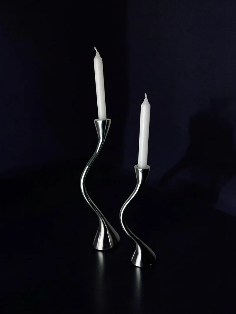 Pair of Zigzag Candleholders, Solid Aluminium, Spain, 1980s