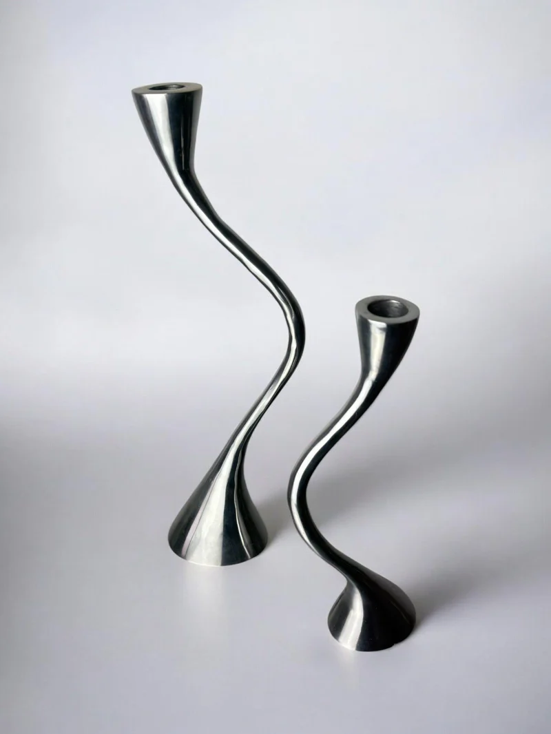 Pair of Zigzag Candleholders, Solid Aluminium, Spain, 1980s