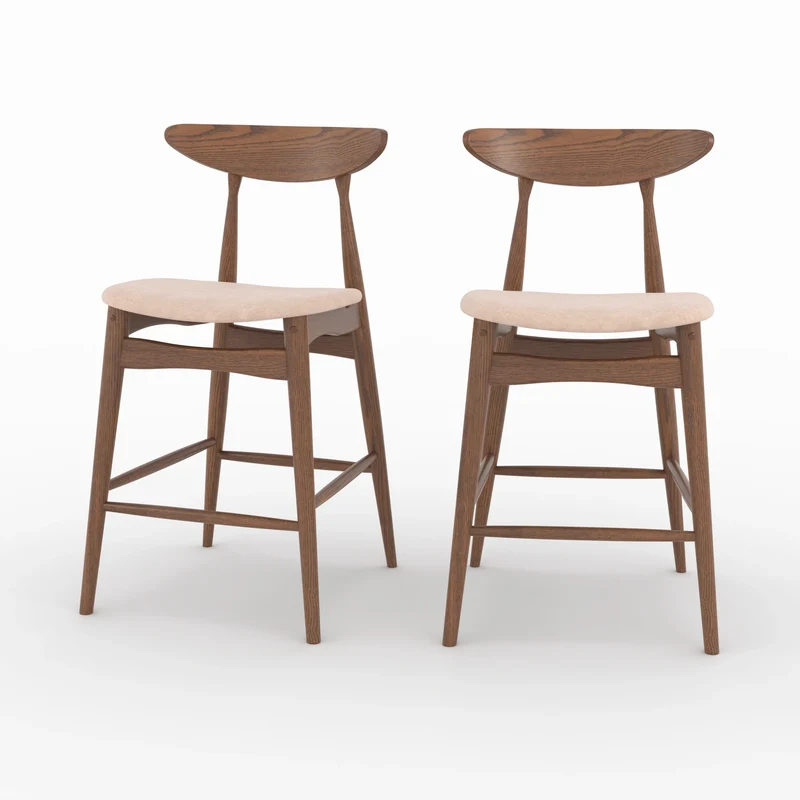 Lot de 2 chaises pour ilot central Josette 63,5 cm en tissu beige et bois d'hévéa foncé