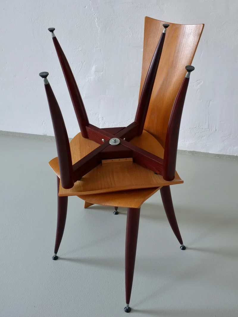 Set of 3 Plywood Burgundy Legs Chairs, Italy 1980s