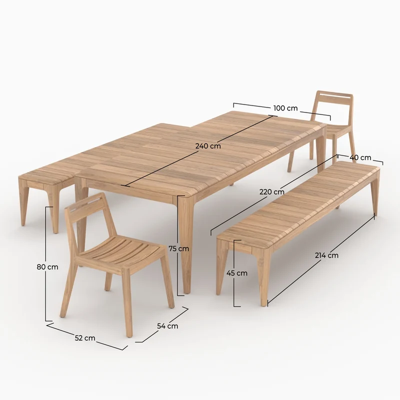 Table, bancs et chaises de jardin Nonza en bois de teck recyclé 10 personnes