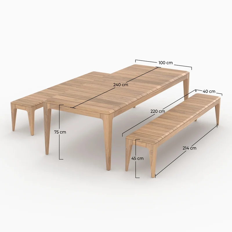 Table et bancs de jardin Nonza en bois de teck recyclé 10 personnes