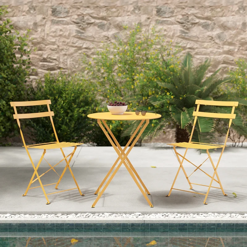 Table ronde et chaises de jardin pliantes Kayla 2 places en métal jaune