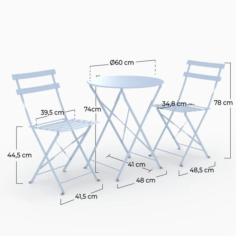 Table ronde et chaises de jardin pliantes Kayla 2 places en métal bleu