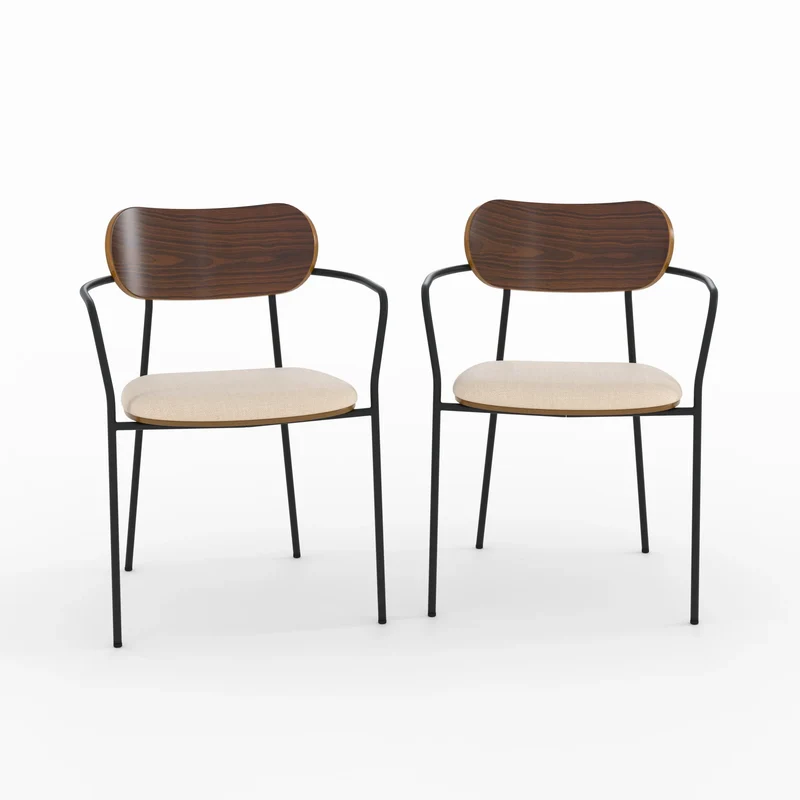 Lot de 2 chaises Marine en tissu beige et placage en bois foncé