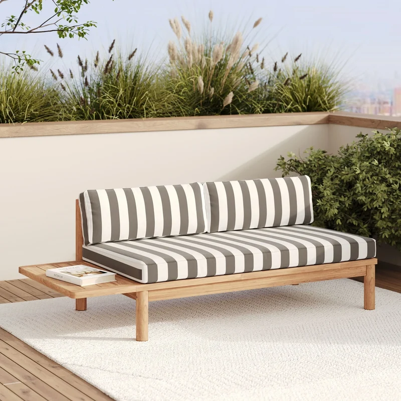 Salon de jardin Nadila 2 personnes en teck massif et tissu rayé gris