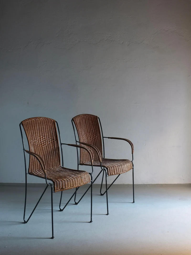 4 Frederick Weinberg Wicker Iron Armchairs, 1960s