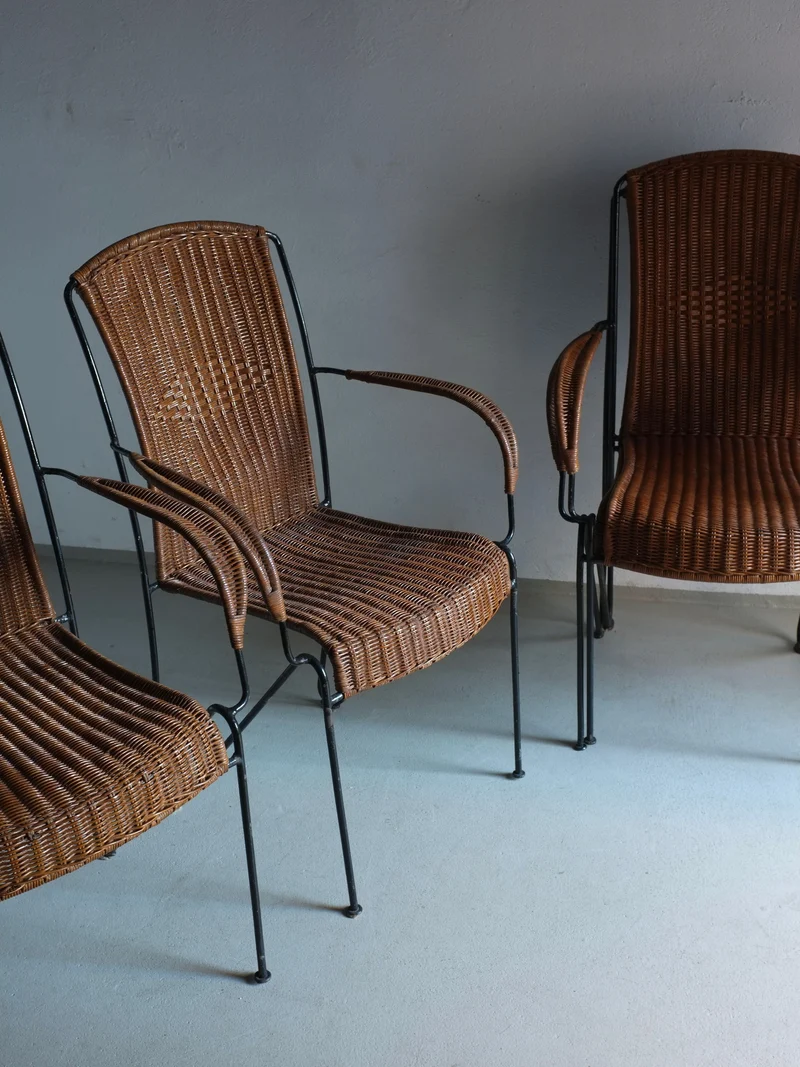 4 Frederick Weinberg Wicker Iron Armchairs, 1960s