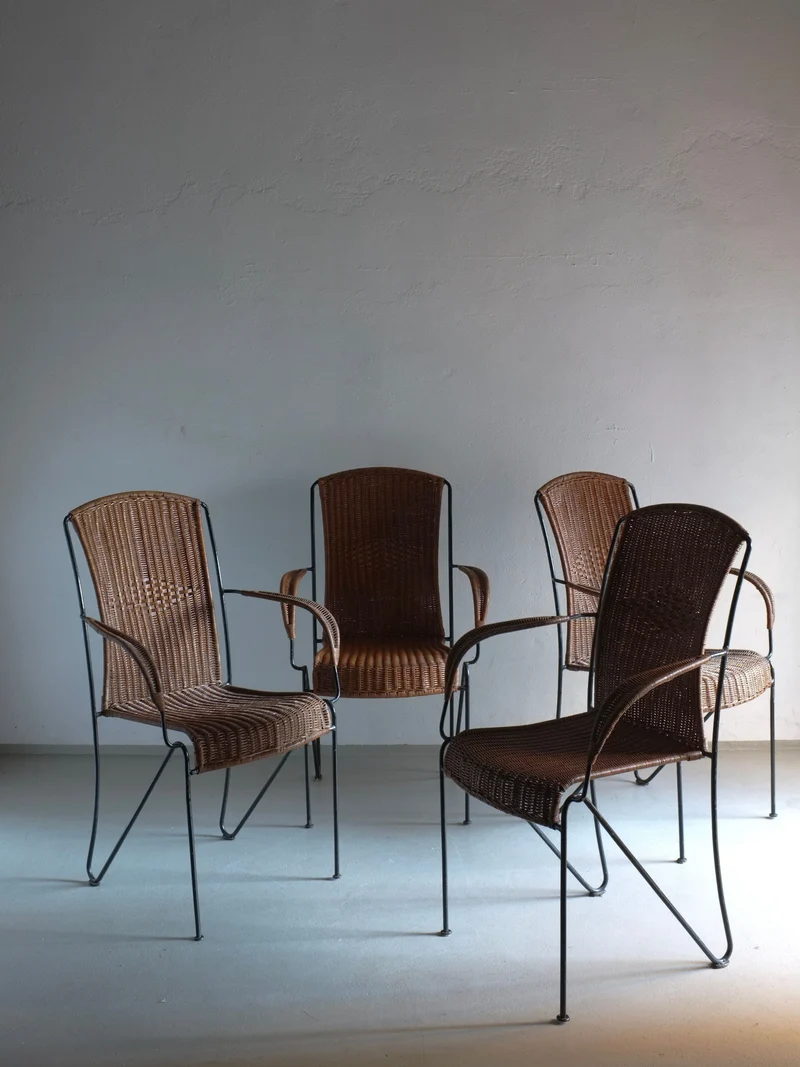 4 Frederick Weinberg Wicker Iron Armchairs, 1960s