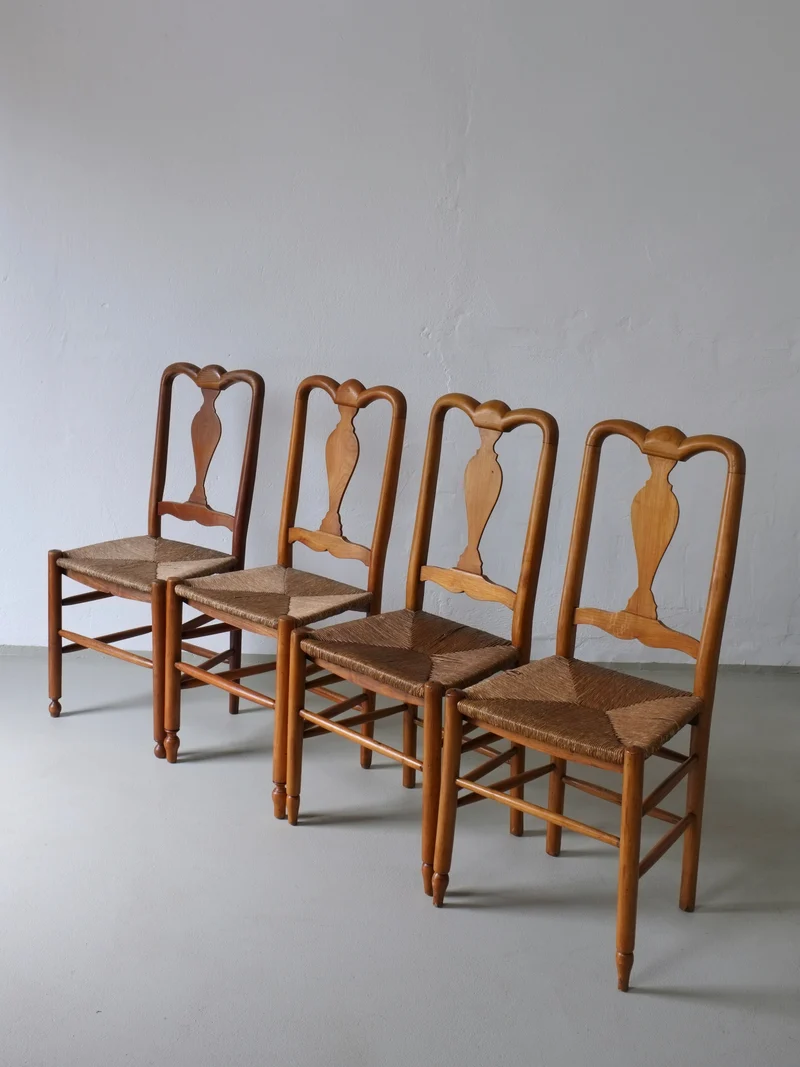 Rustic Rush Seat Chairs, Belgium 1940s