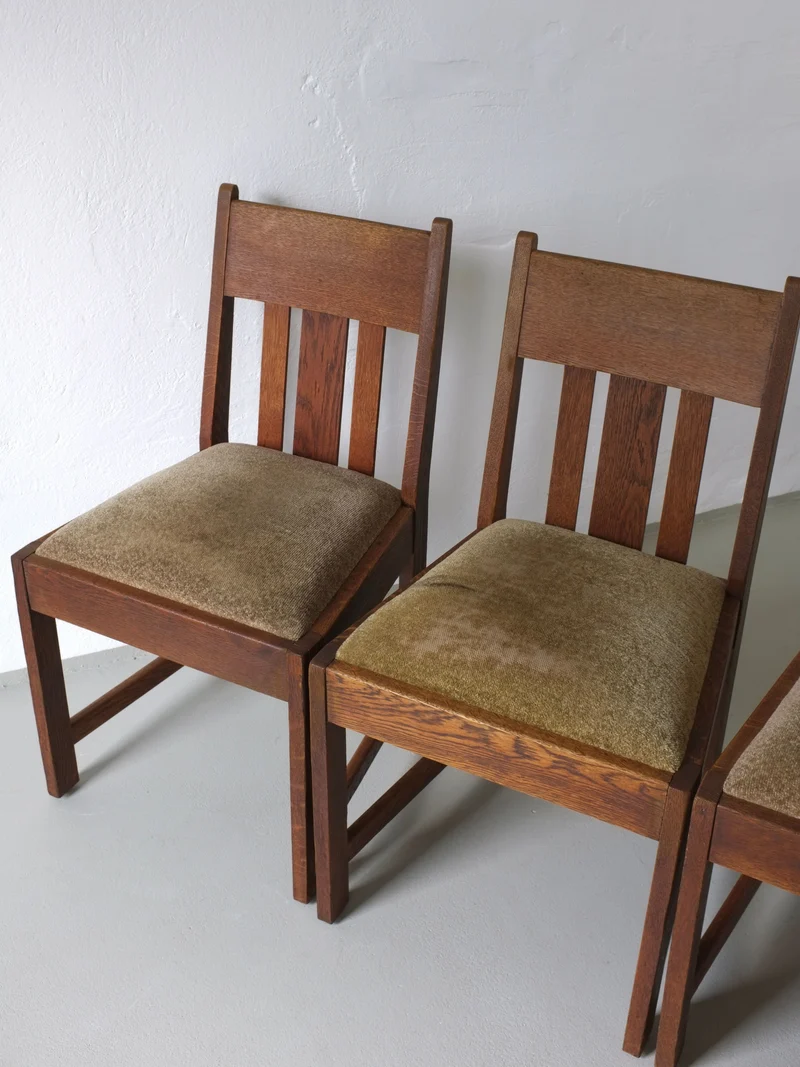 4 Arts & Crafts Oak Dining Chairs, 1910s