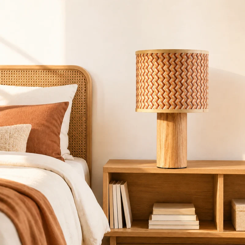 Grande lampe à poser Phil en bois de chêne et bambou crème et orange