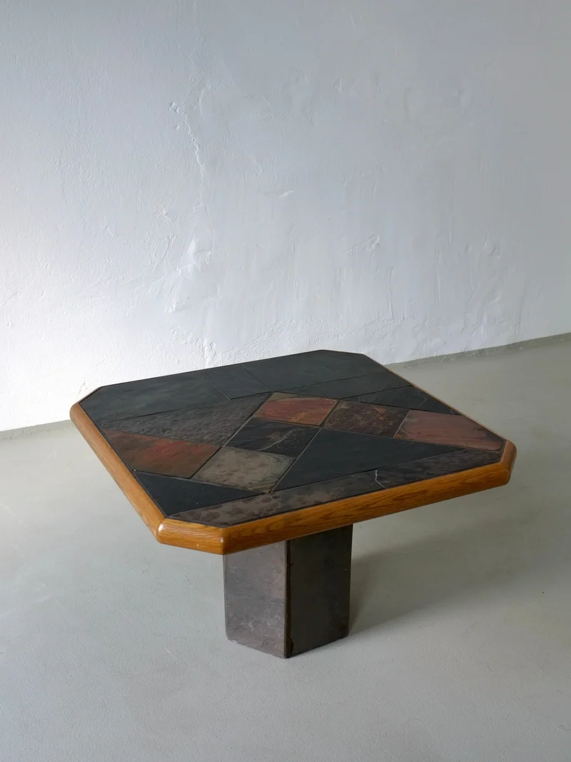 Brutalist Stone Oak Square Coffee Table | 1970s