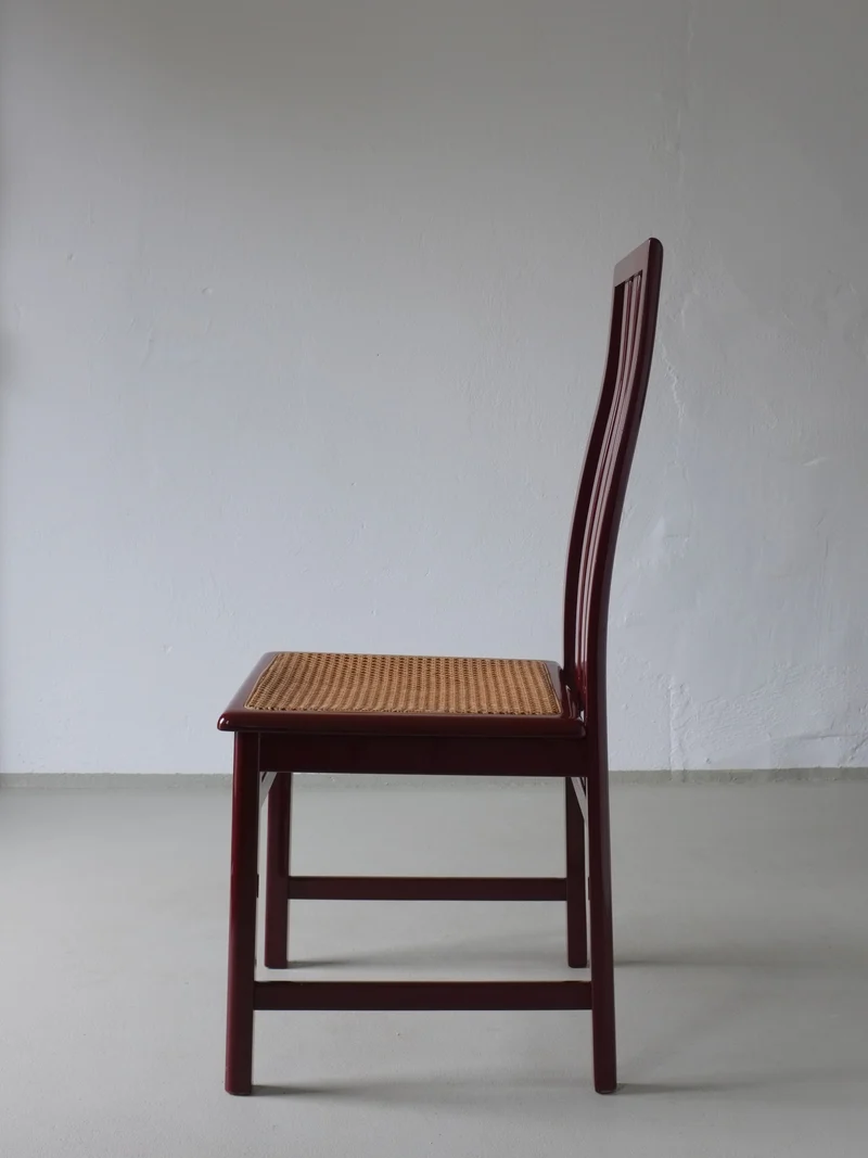 4 Glossy Wine Red Cane Seat Chairs | Italy | 1970s