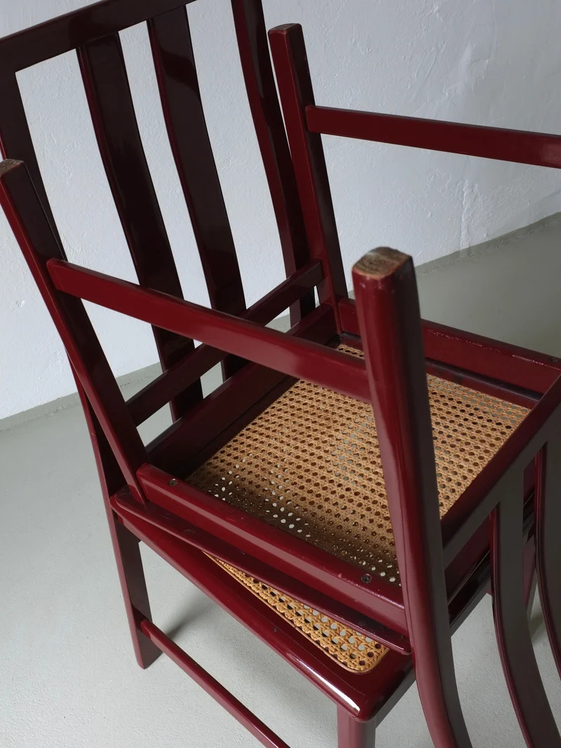 4 Glossy Wine Red Cane Seat Chairs | Italy | 1970s